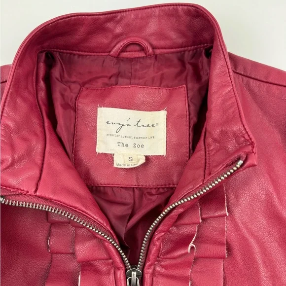 Evy's Tree Red Moto faux leather jacket size small The Zoe ruffle trim flanking - Picture 2 of 9